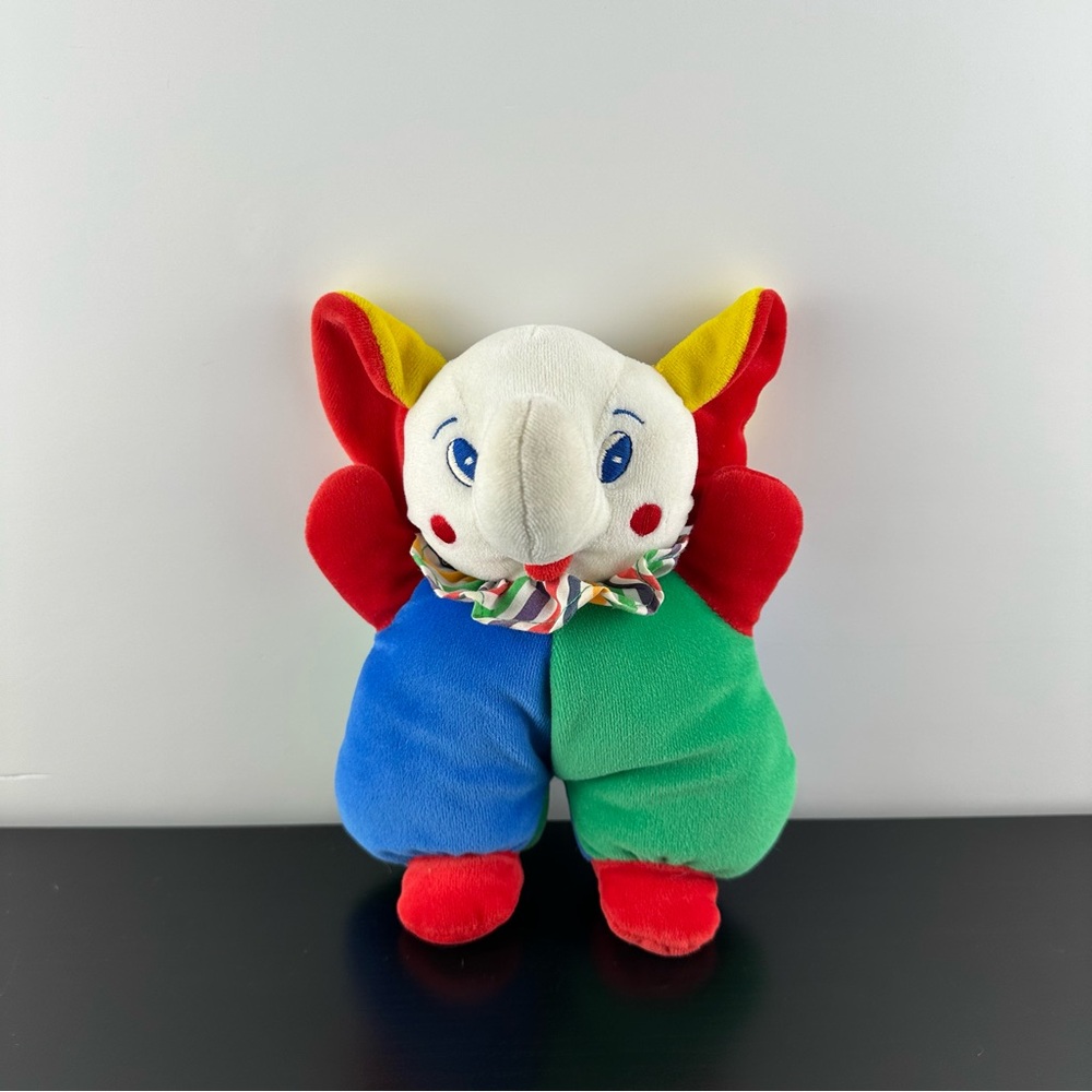 Vintage 90s Battat Velour Clown Elephant Primary Colors Plush Stuffed Animal 9”
